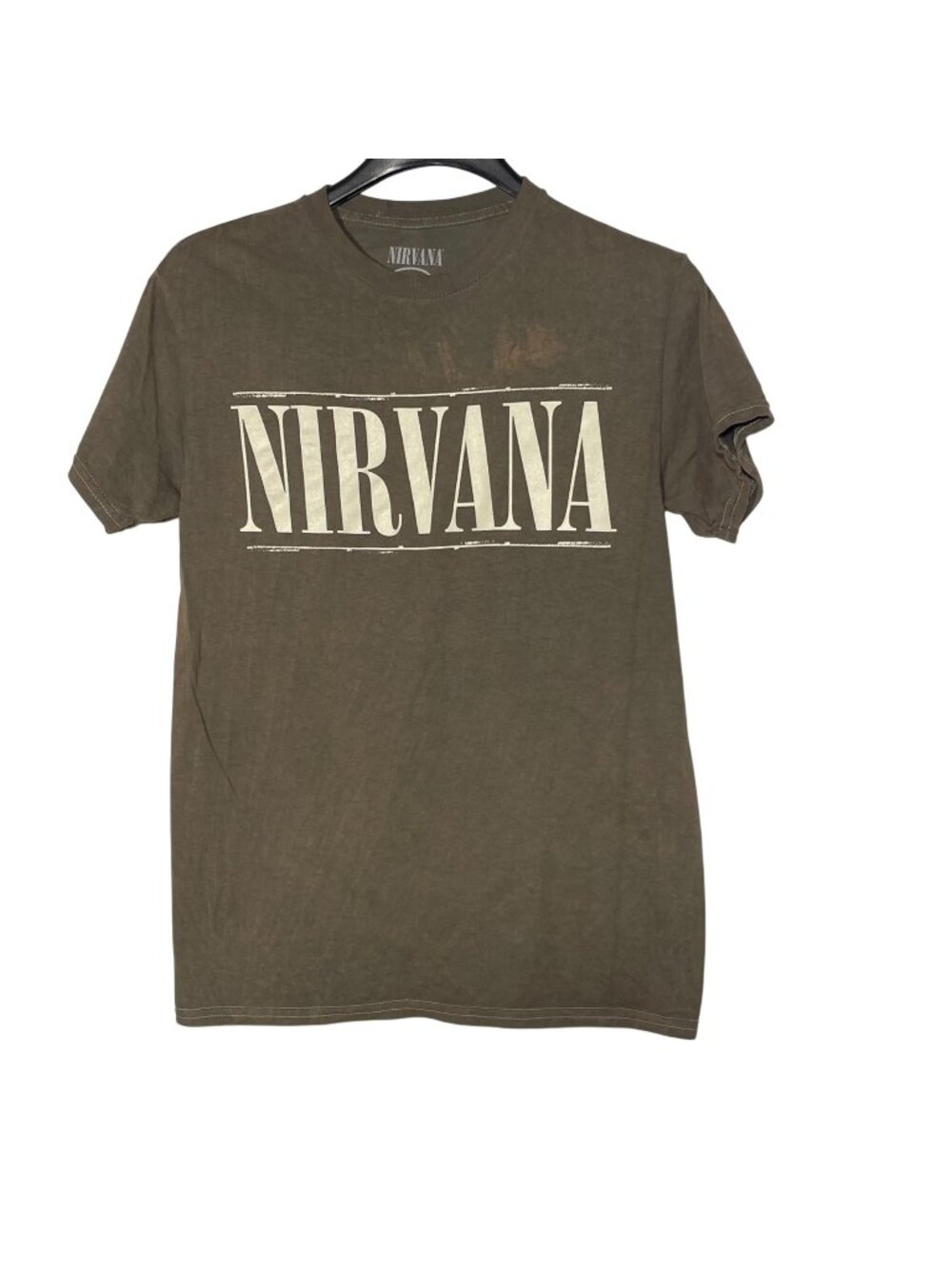 Nirvana Smiley Face Graphic T-Shirt Olive Green Sz SM Cotton